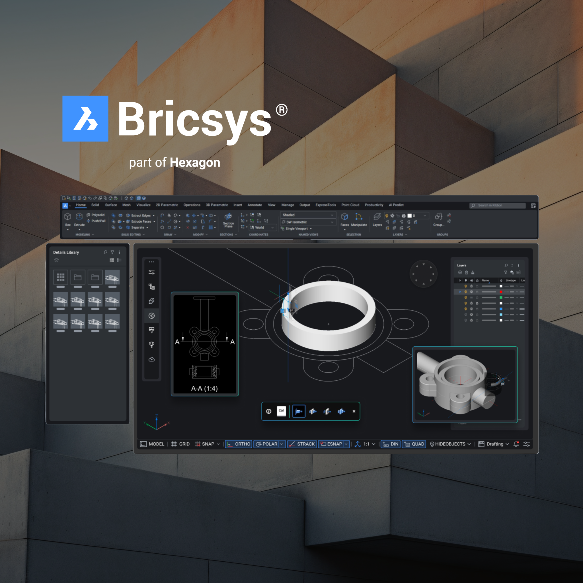 Interfaz de BricsCAD mostrando planos técnicos y modelado 3D, ideal para diseño arquitectónico y dibujo CAD de alta precisión.