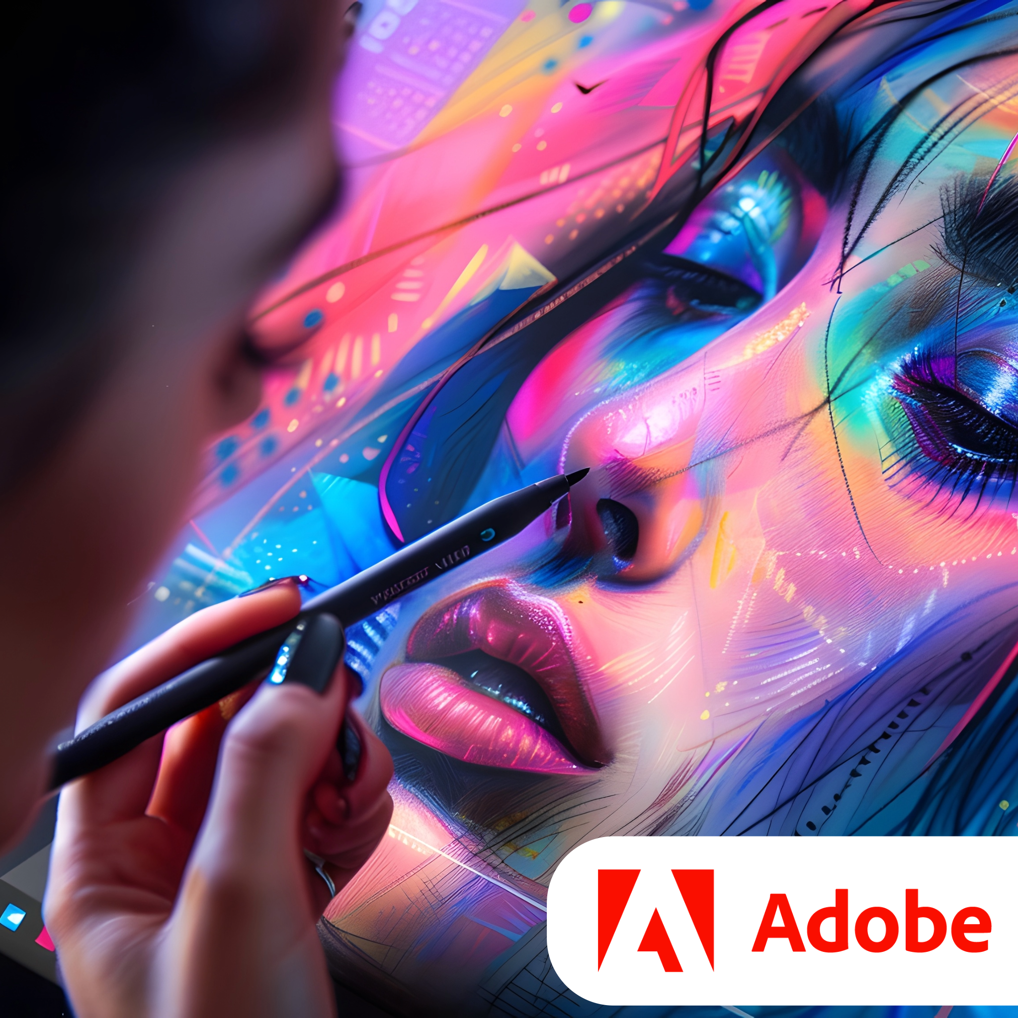 Diseño gráfico y creativo desarrollado con Adobe, mostrando herramientas profesionales para edición de imágenes, video y más